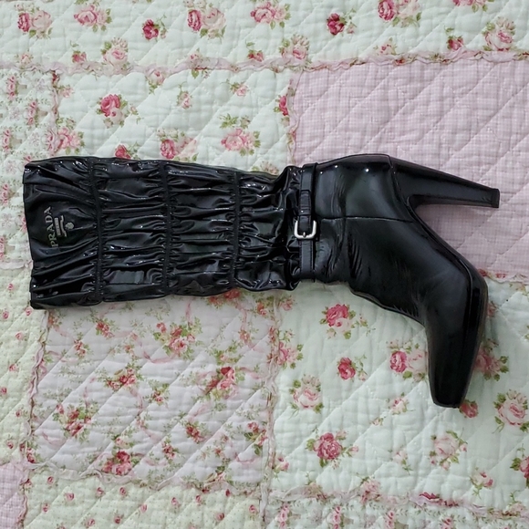 Prada Gauffre Ruched Patent nappa leather knee tall boots black shirred 6.5 36.5 - Picture 8 of 15